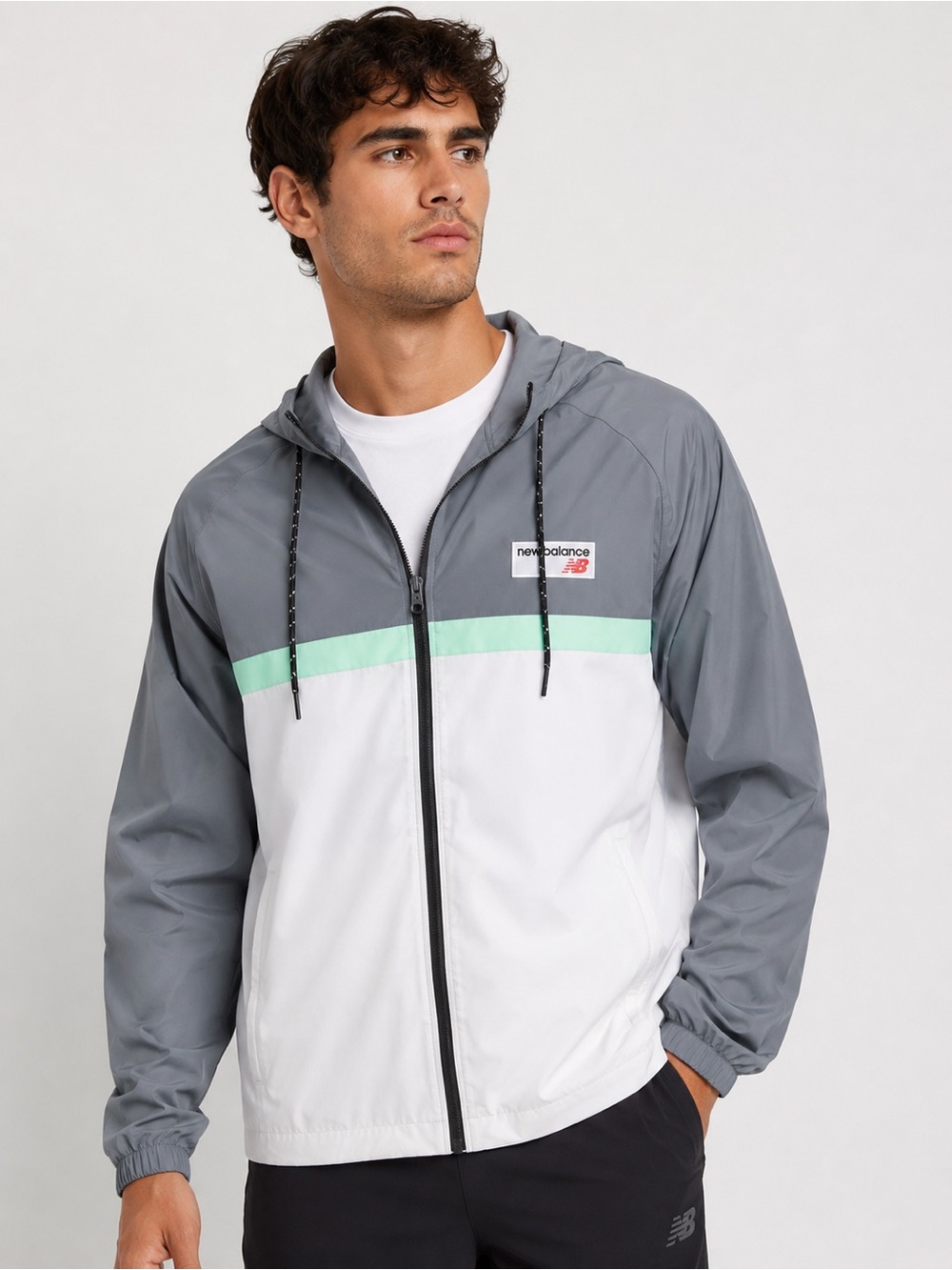 New Balance Men’s Windbreaker Jacket Large Gray White Mint Full Zip Hooded